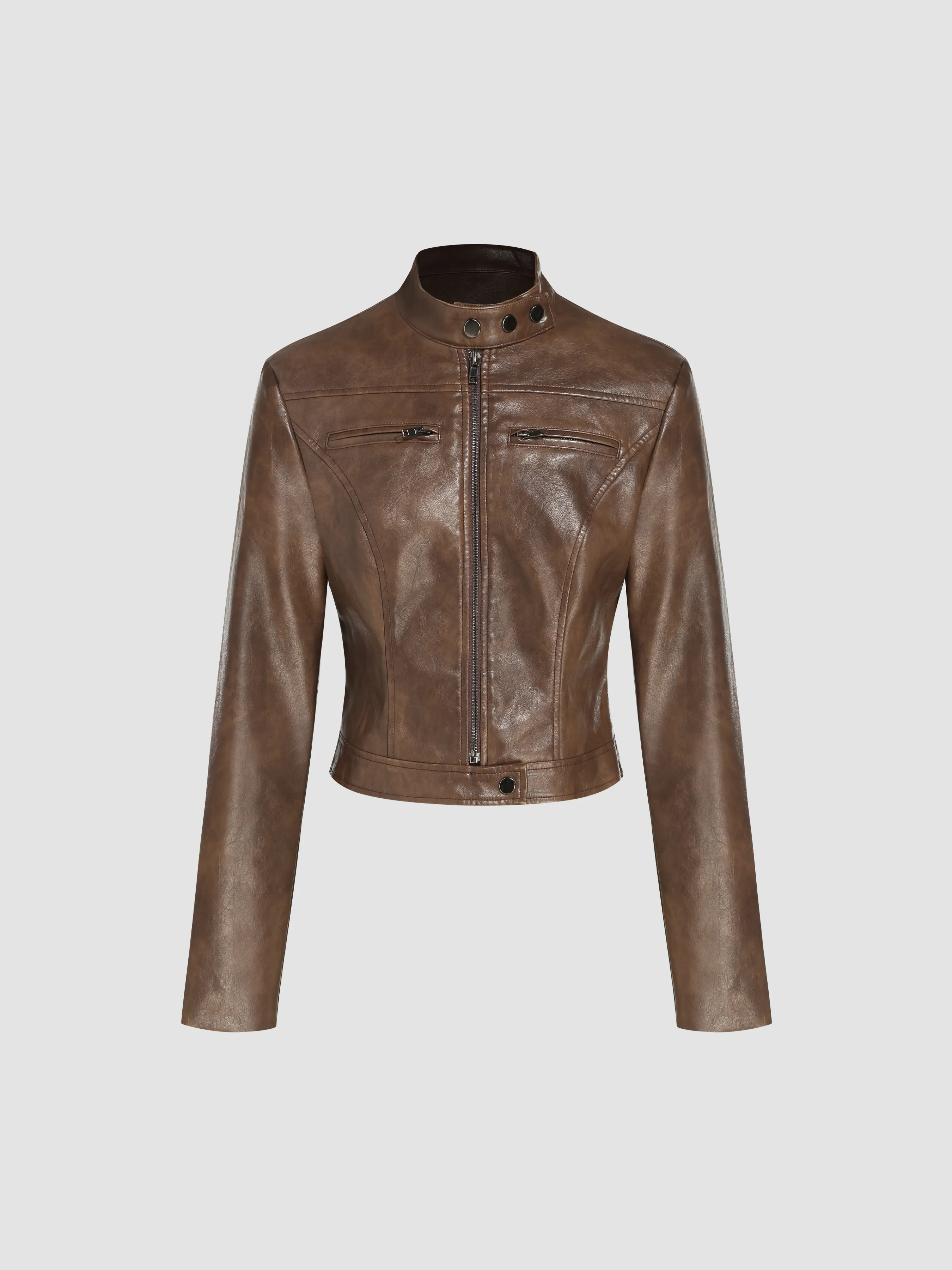 Chaqueta biker de cuero sintético con cuello alto y cremallera