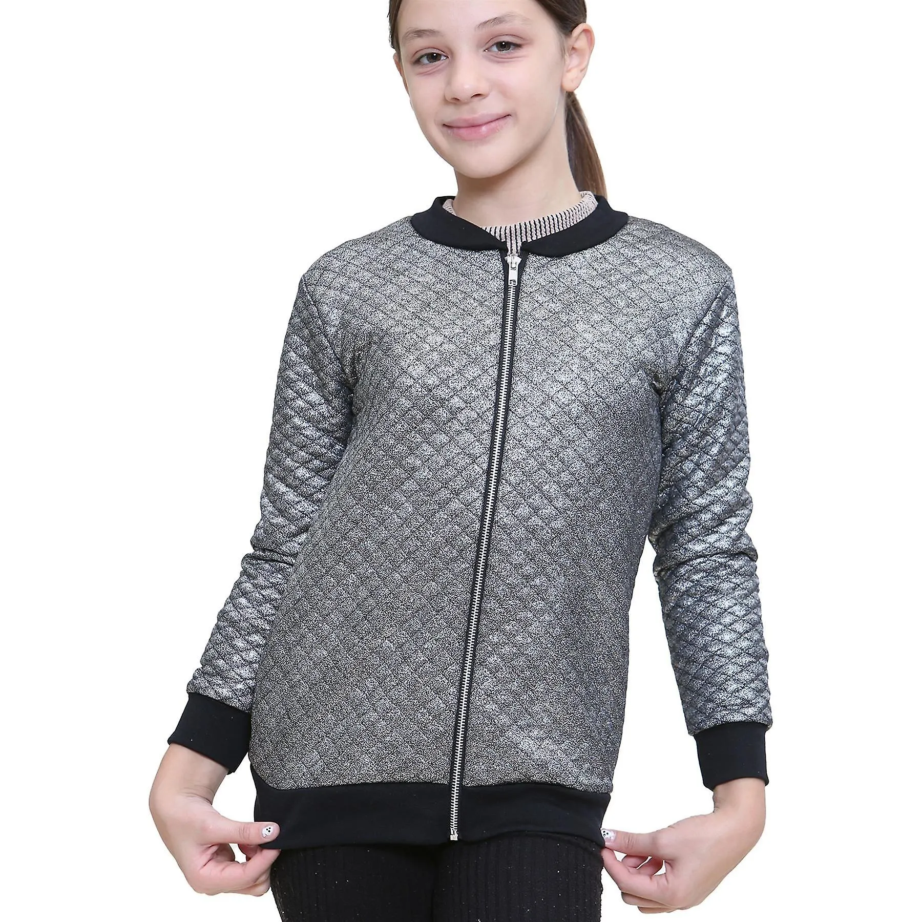 Chaqueta de moda acolchada acolchada plateada brillante para niñas