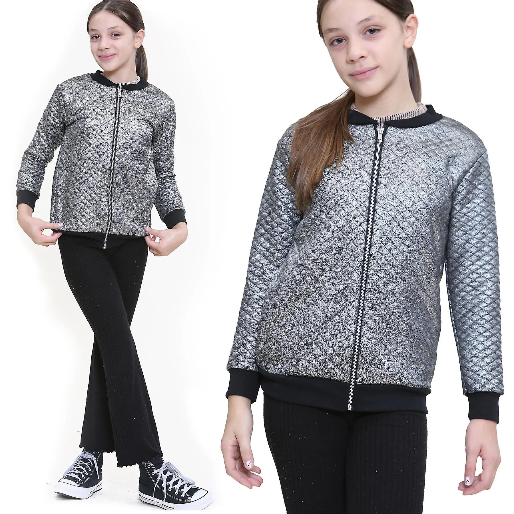 Chaqueta de moda acolchada acolchada plateada brillante para niñas