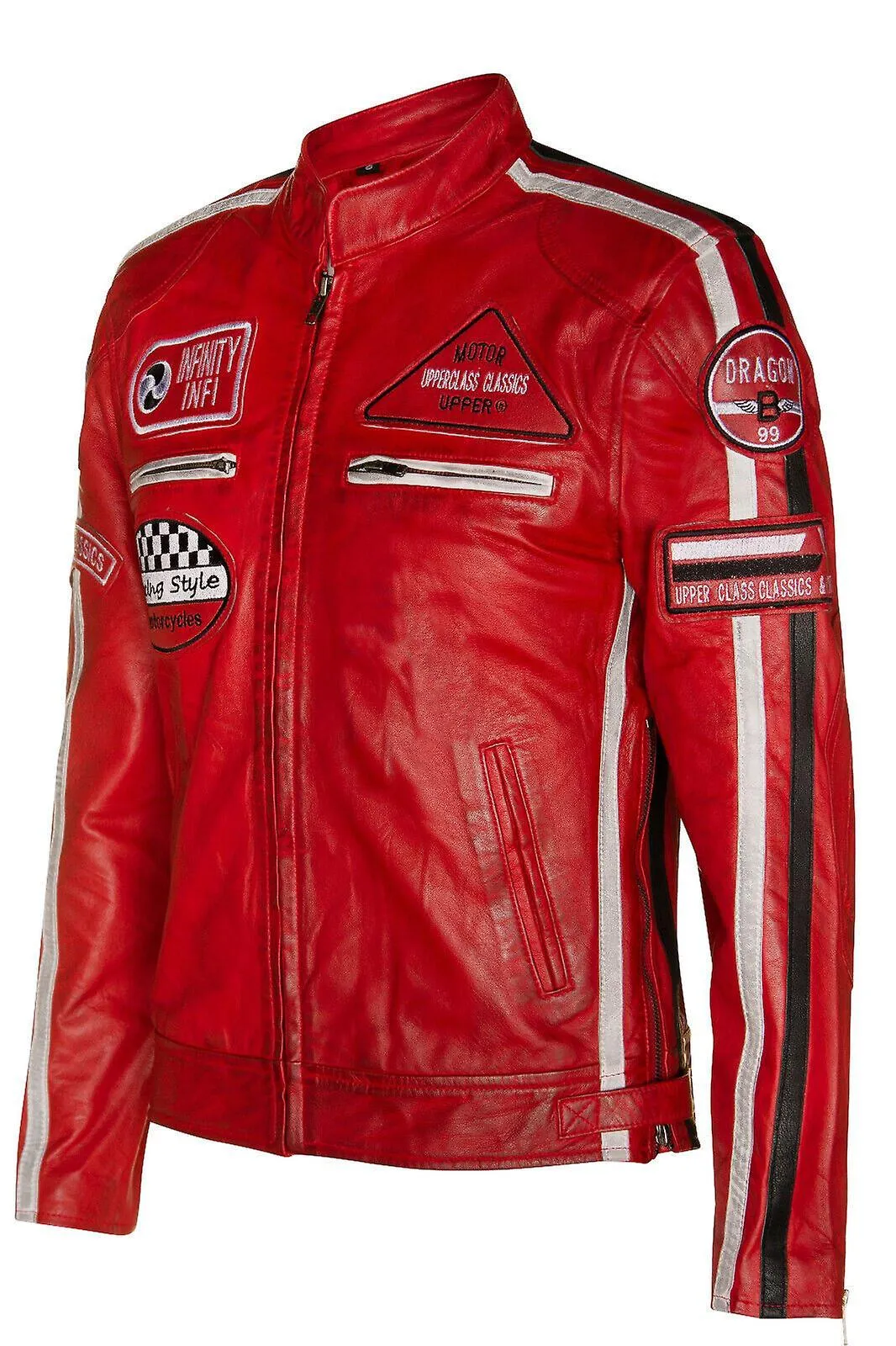 Chaqueta de motociclista de cuero rojo para hombre Racing Moto Badges