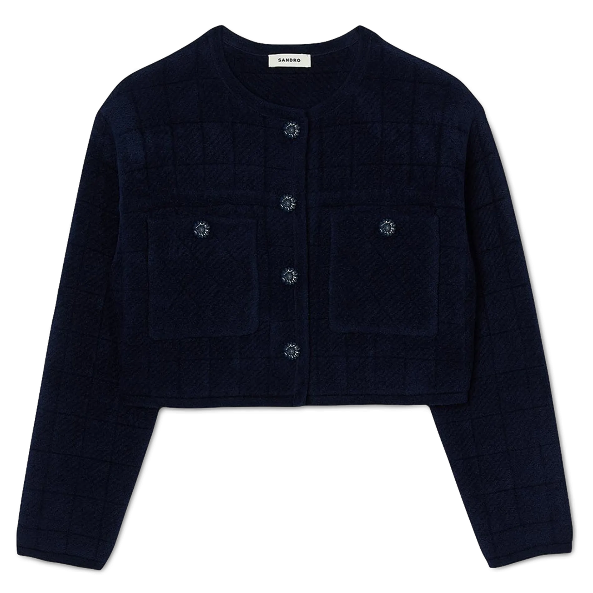 Chaqueta recta de punto con cuello redondo. en azul