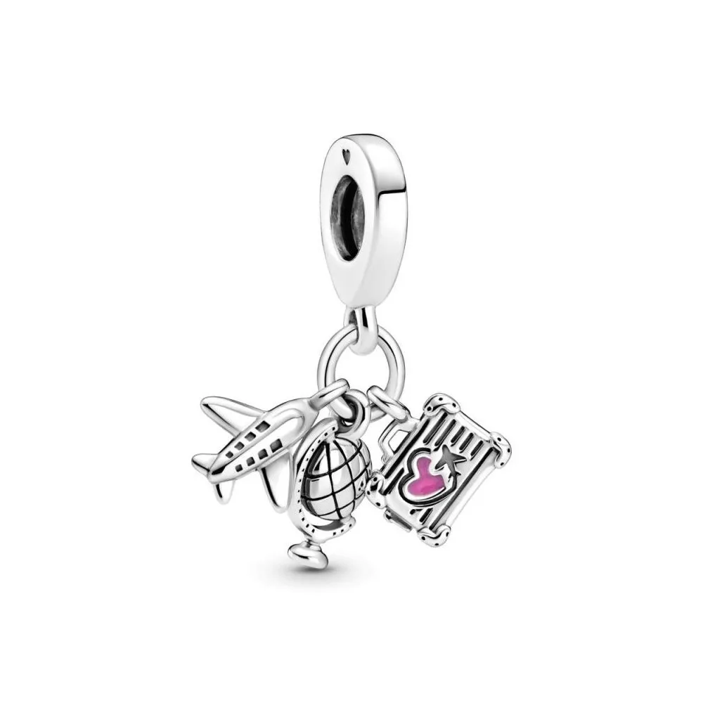 Charm Colgante Pandora Avión, globo y maleta con esmalte rosa