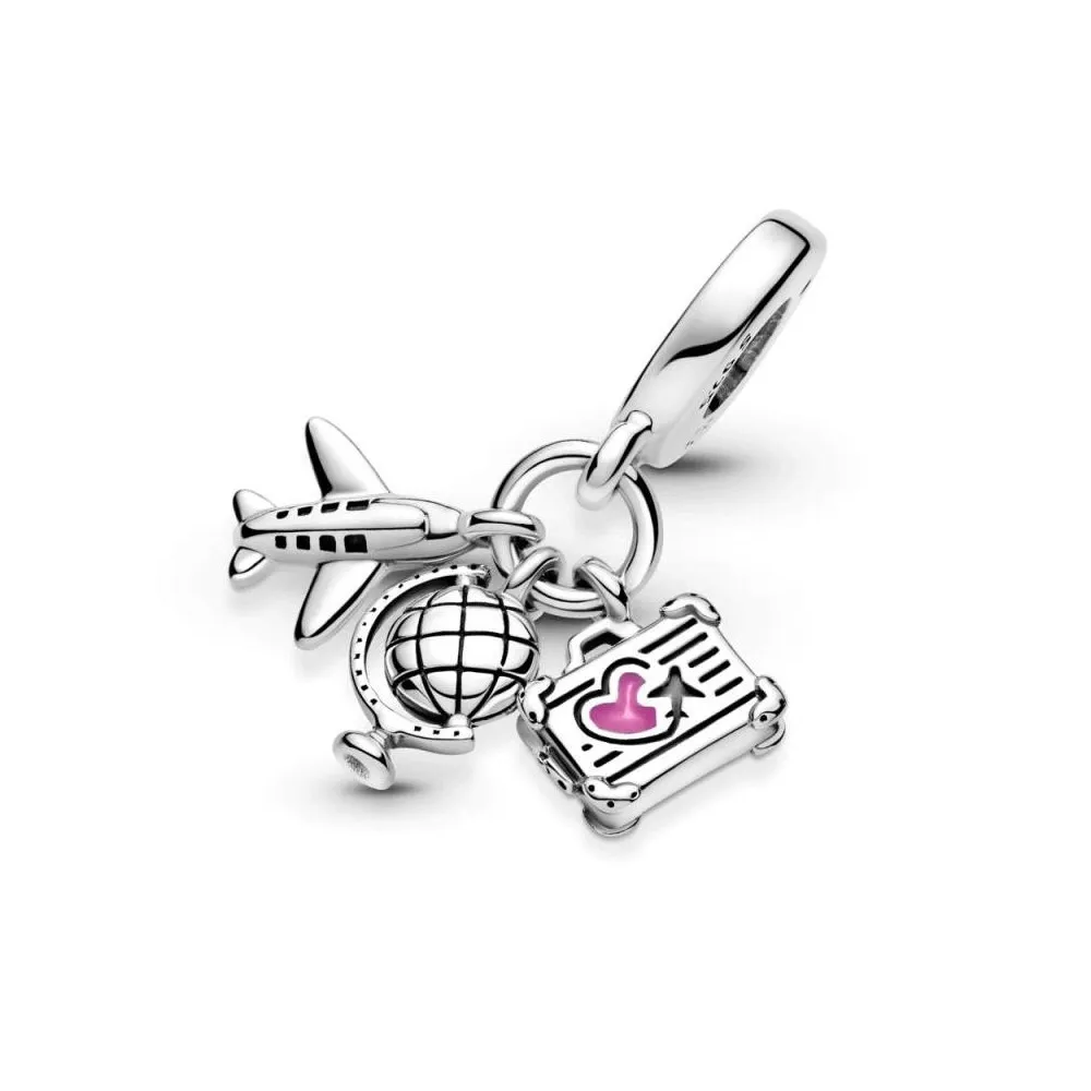 Charm Colgante Pandora Avión, globo y maleta con esmalte rosa