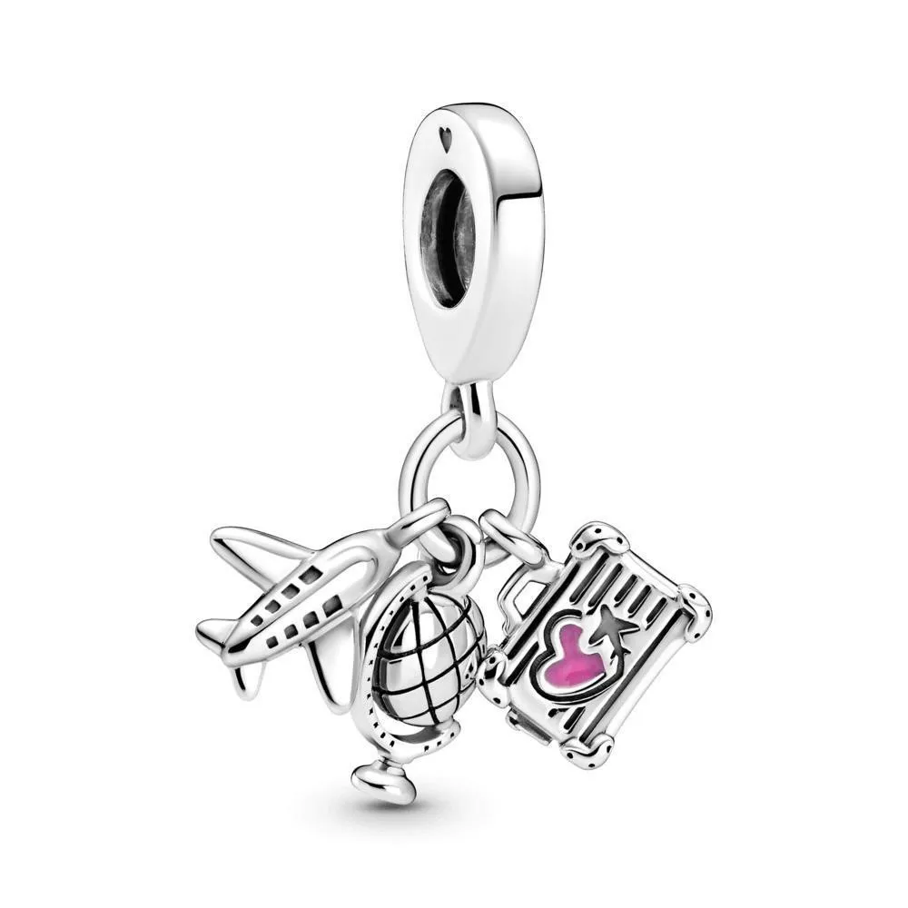 Charm Colgante Pandora Avión, globo y maleta con esmalte rosa