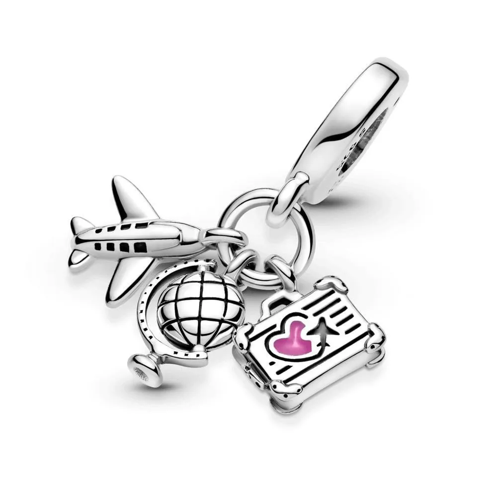 Charm Colgante Pandora Avión, globo y maleta con esmalte rosa