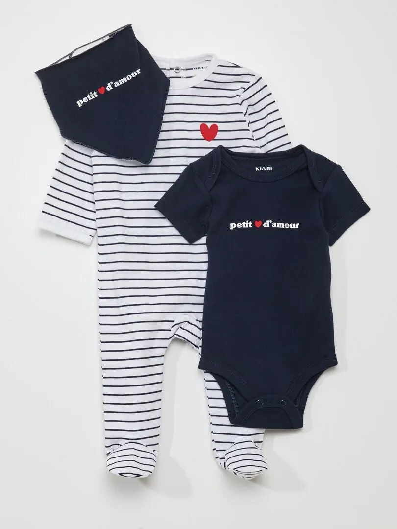 CONJUNTO DE PELELE + BODY + BABERO   3 PIEZAS  BLANCO
