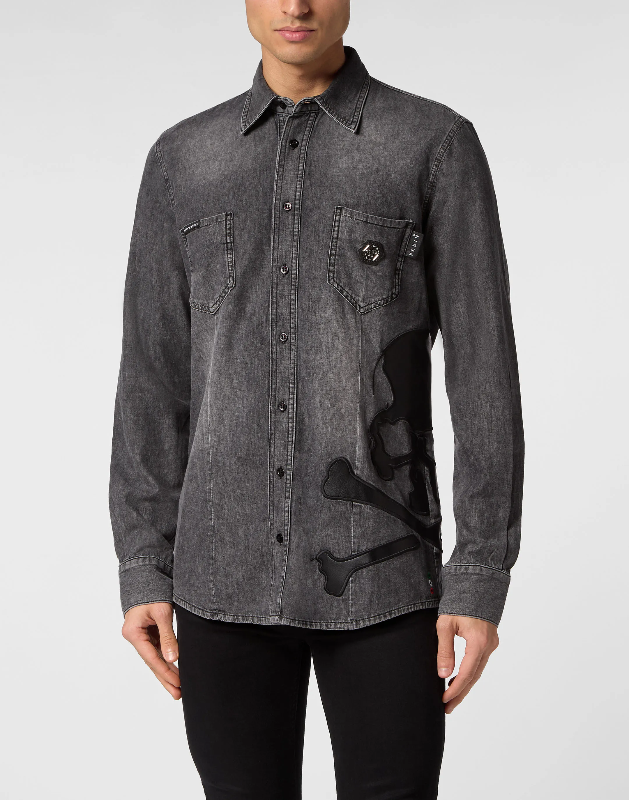 Denim Shirt WIth Vintage Washed Leather Patch Skull