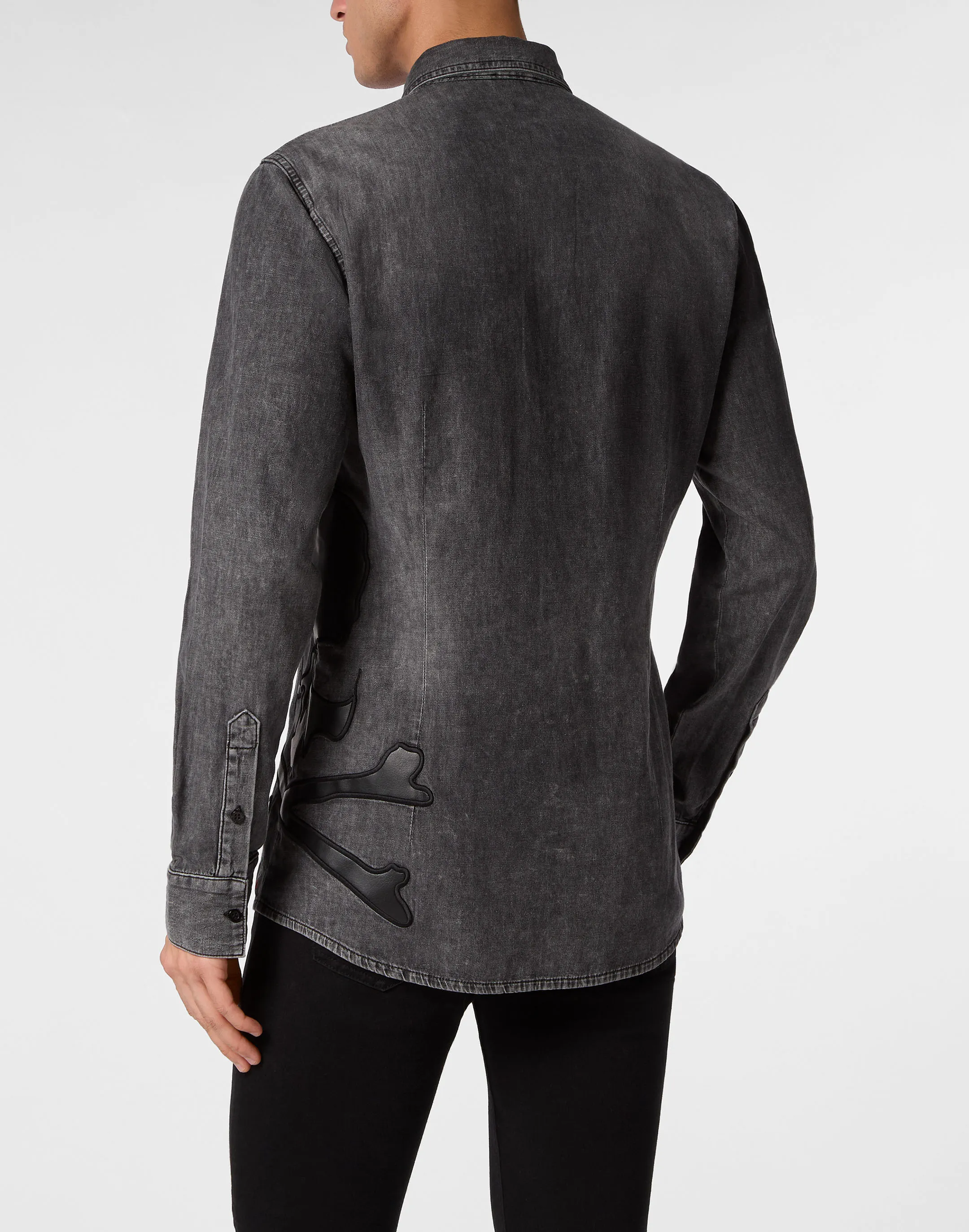 Denim Shirt WIth Vintage Washed Leather Patch Skull