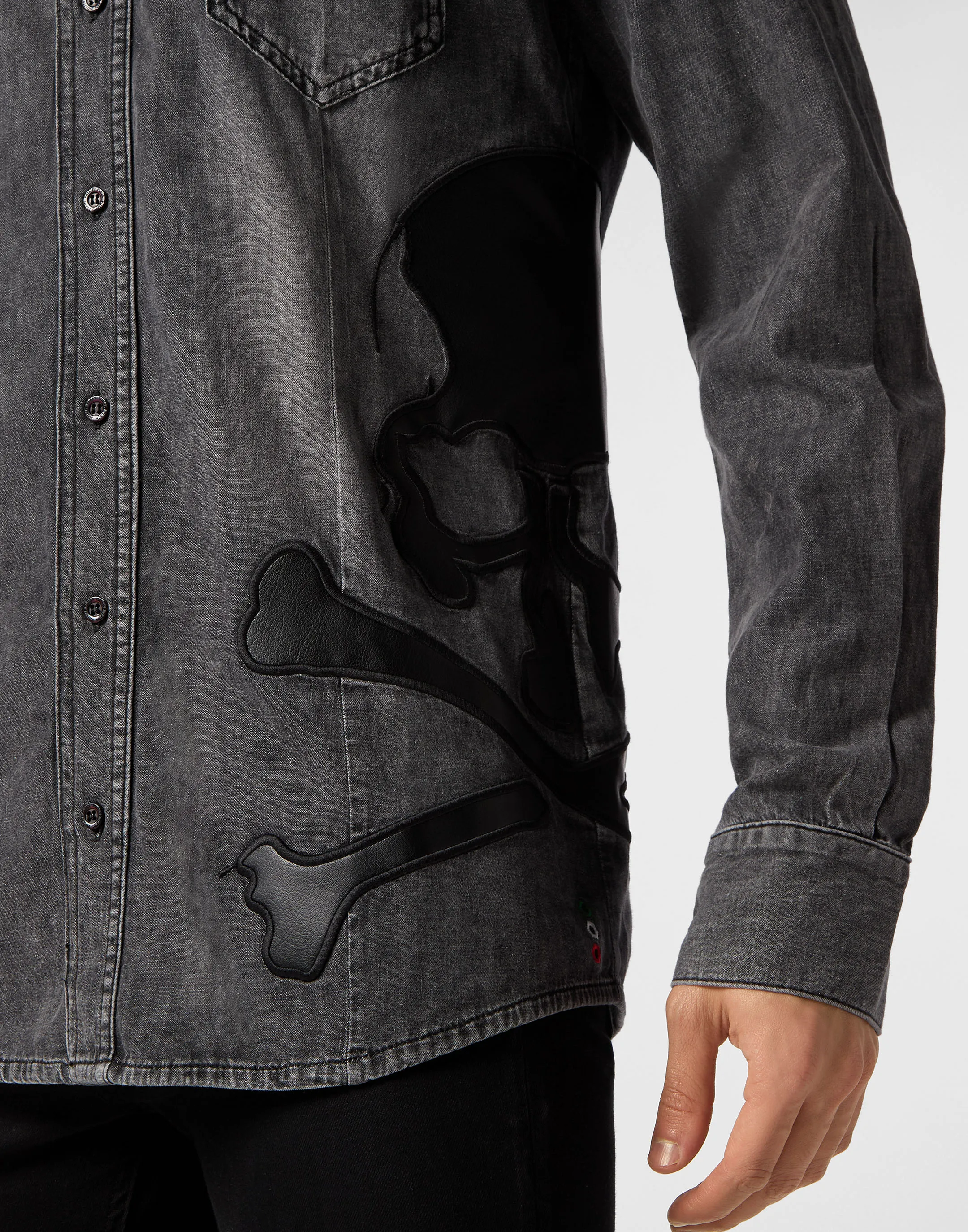 Denim Shirt WIth Vintage Washed Leather Patch Skull