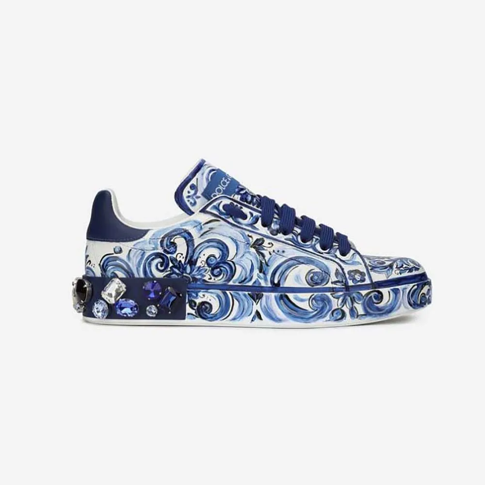 Dolce Gabbana Zapatillas Portofino unisex D&G de piel de becerro con estampado de mayólica