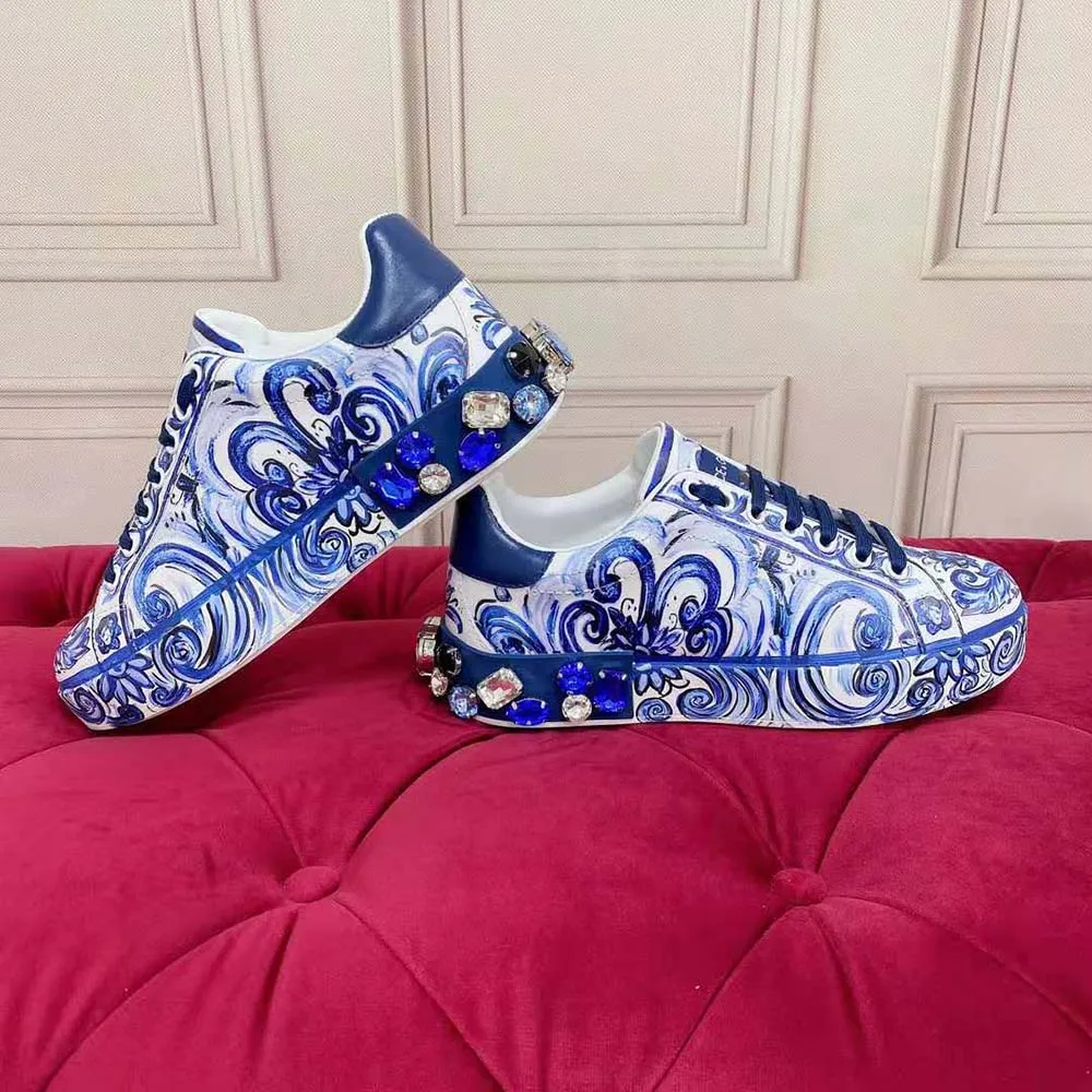 Dolce Gabbana Zapatillas Portofino unisex D&G de piel de becerro con estampado de mayólica