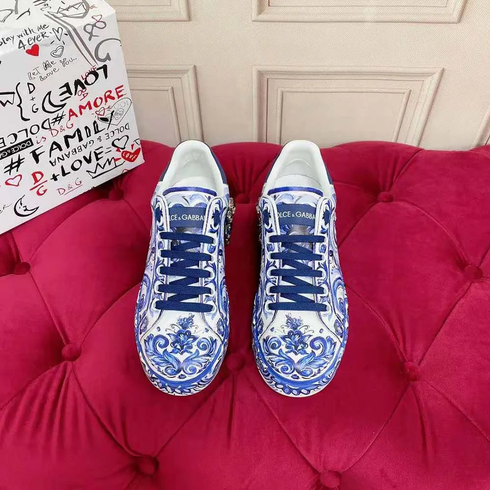 Dolce Gabbana Zapatillas Portofino unisex D&G de piel de becerro con estampado de mayólica