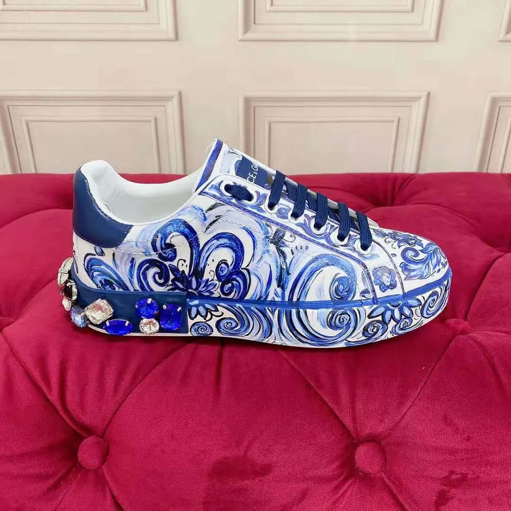 Dolce Gabbana Zapatillas Portofino unisex D&G de piel de becerro con estampado de mayólica