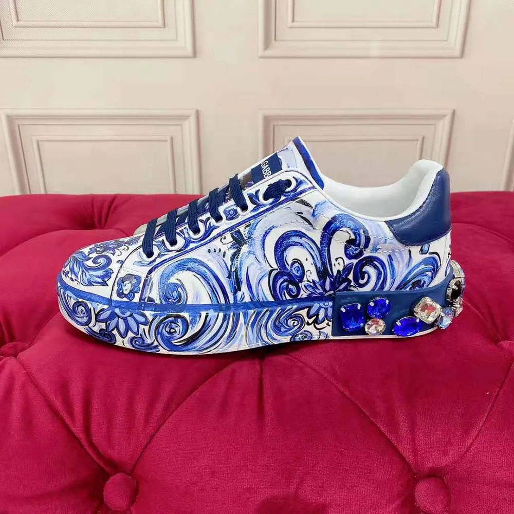 Dolce Gabbana Zapatillas Portofino unisex D&G de piel de becerro con estampado de mayólica