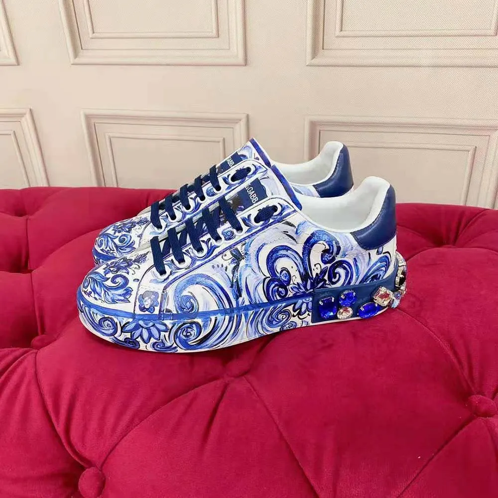 Dolce Gabbana Zapatillas Portofino unisex D&G de piel de becerro con estampado de mayólica