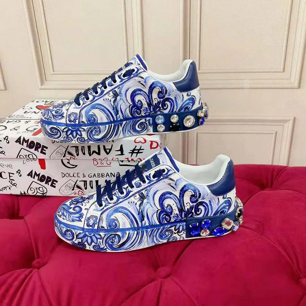 Dolce Gabbana Zapatillas Portofino unisex D&G de piel de becerro con estampado de mayólica