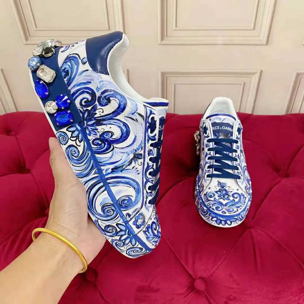 Dolce Gabbana Zapatillas Portofino unisex D&G de piel de becerro con estampado de mayólica