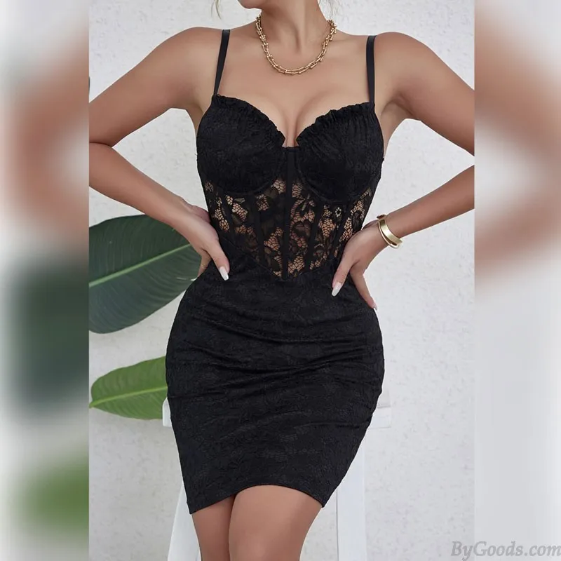 Elegant Lace Splice Deep V Hip Skirt Hollow Bodycon Evening Gown Party Prom Cocktail Strap Dress