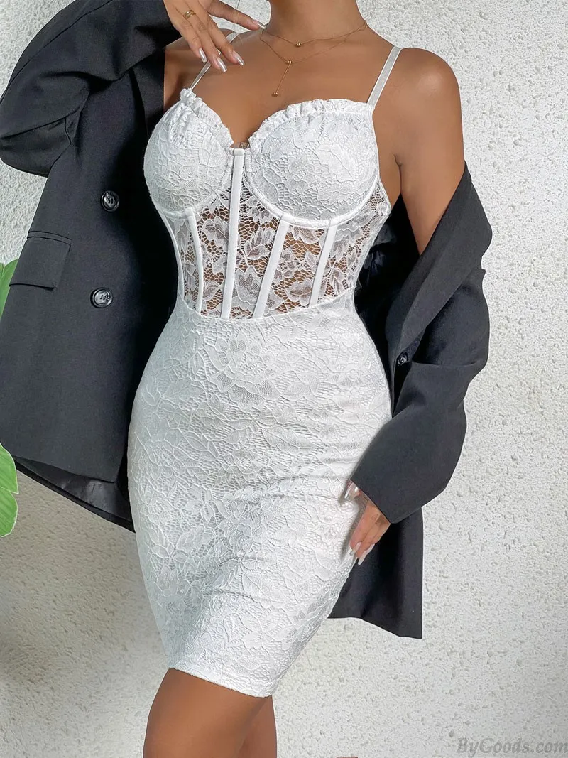 Elegant Lace Splice Deep V Hip Skirt Hollow Bodycon Evening Gown Party Prom Cocktail Strap Dress