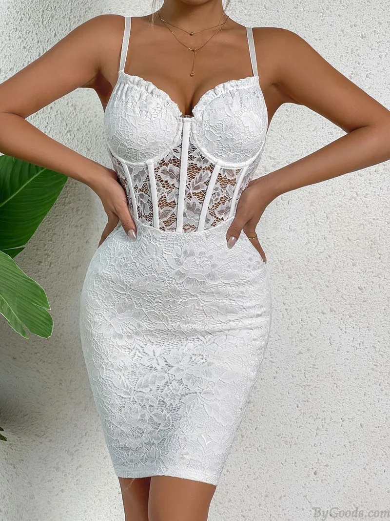 Elegant Lace Splice Deep V Hip Skirt Hollow Bodycon Evening Gown Party Prom Cocktail Strap Dress
