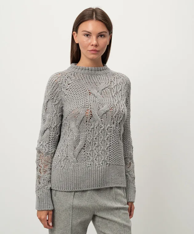Ermanno Scervino Gray wool sweater with lace