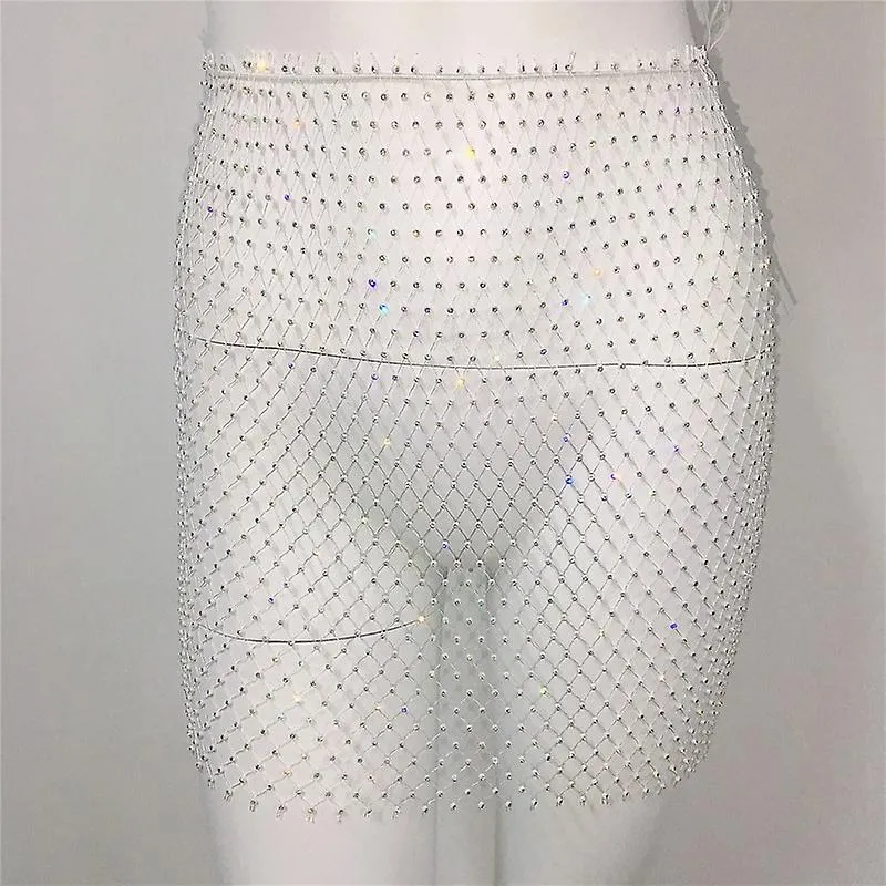 Falda de malla para mujer Rhinestone Faldas de red Moda Crystal Cover Up Falda Beach Wrap Skirt Party Costume