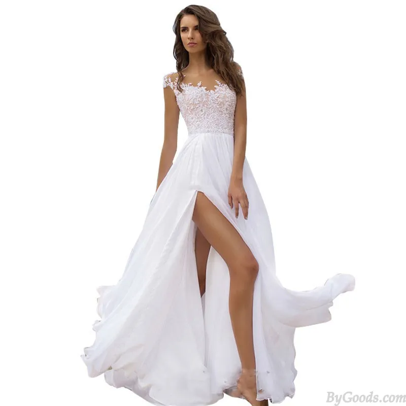 Fashion Lace Chiffon Prom Dress Slit Swing Skirt Bridesmaid Evening Party Maxi Dress