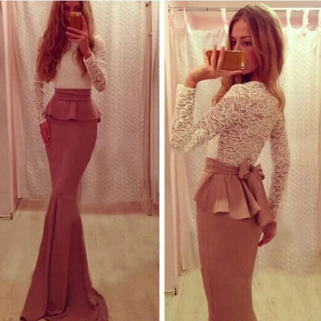 Fashion Two Piece Back Bow Long Lace Dress