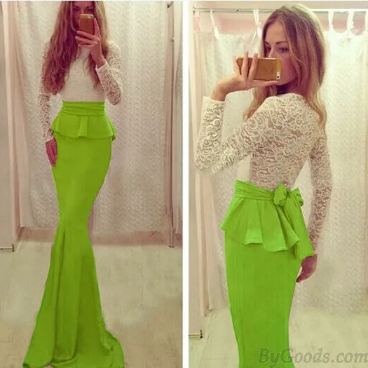 Fashion Two Piece Back Bow Long Lace Dress
