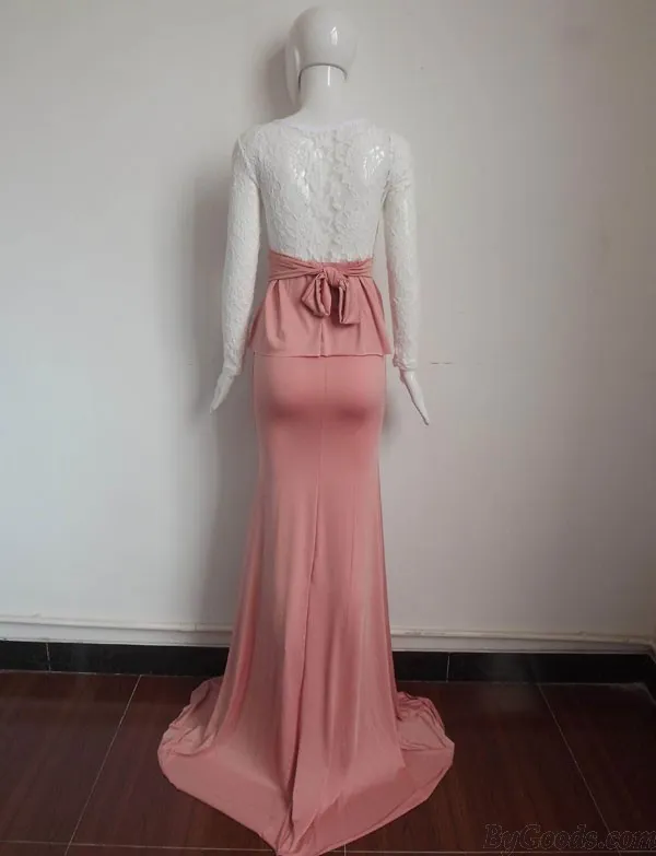 Fashion Two Piece Back Bow Long Lace Dress