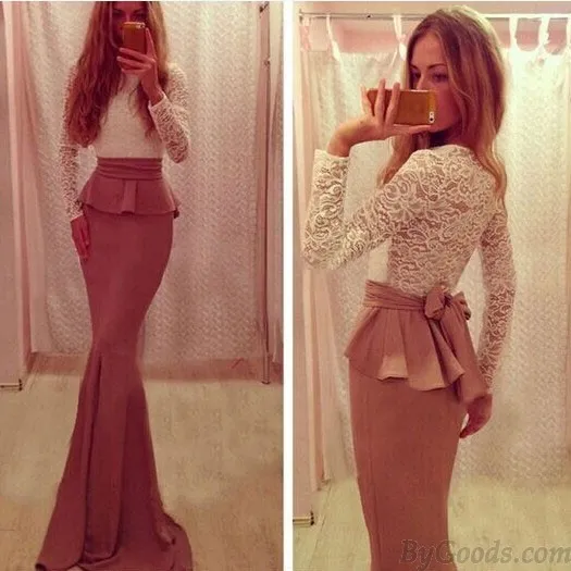 Fashion Two Piece Back Bow Long Lace Dress