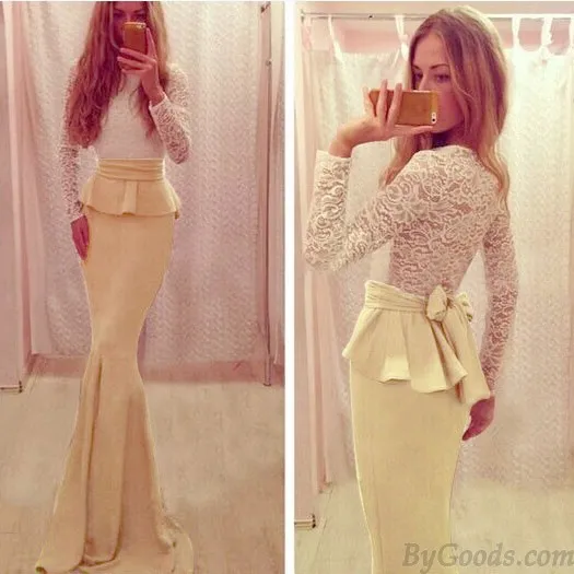 Fashion Two Piece Back Bow Long Lace Dress