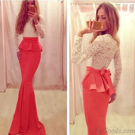 Fashion Two Piece Back Bow Long Lace Dress