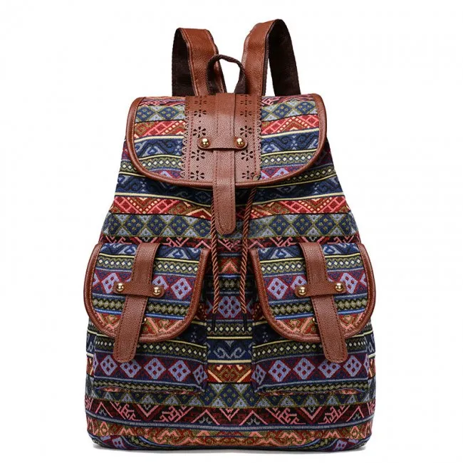 Folk Totem Irregular Pattern Two Pockets Leather Lace College Bag Purse For Women Cover School Canvas Backpack