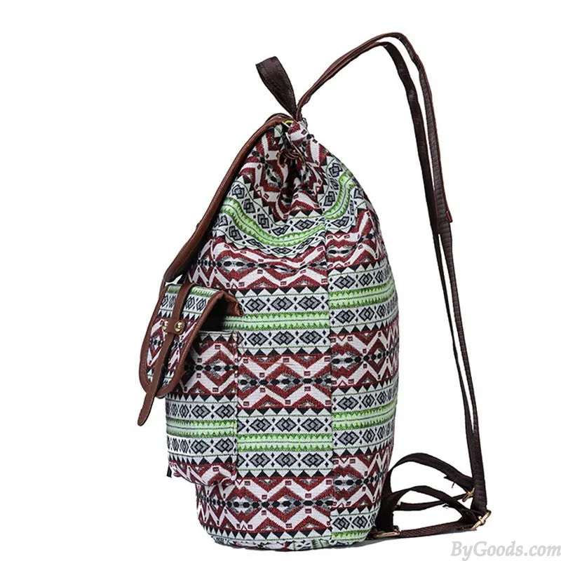 Folk Totem Irregular Pattern Two Pockets Leather Lace College Bag Purse For Women Cover School Canvas Backpack