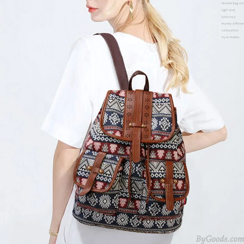 Folk Totem Irregular Pattern Two Pockets Leather Lace College Bag Purse For Women Cover School Canvas Backpack