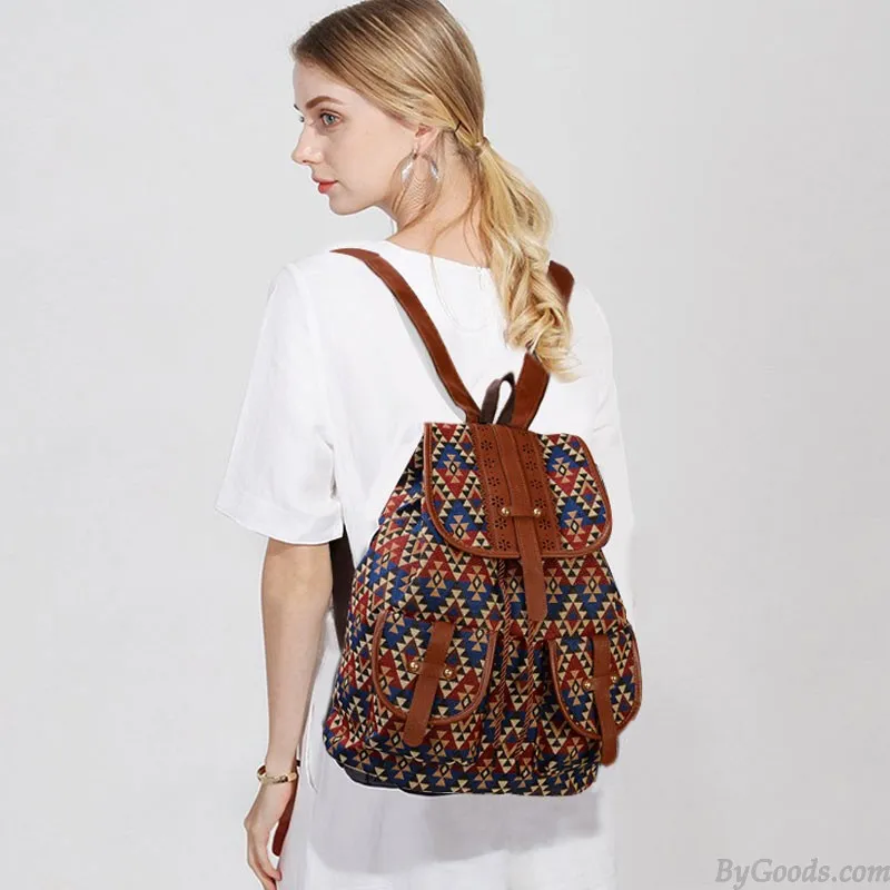 Folk Totem Irregular Pattern Two Pockets Leather Lace College Bag Purse For Women Cover School Canvas Backpack