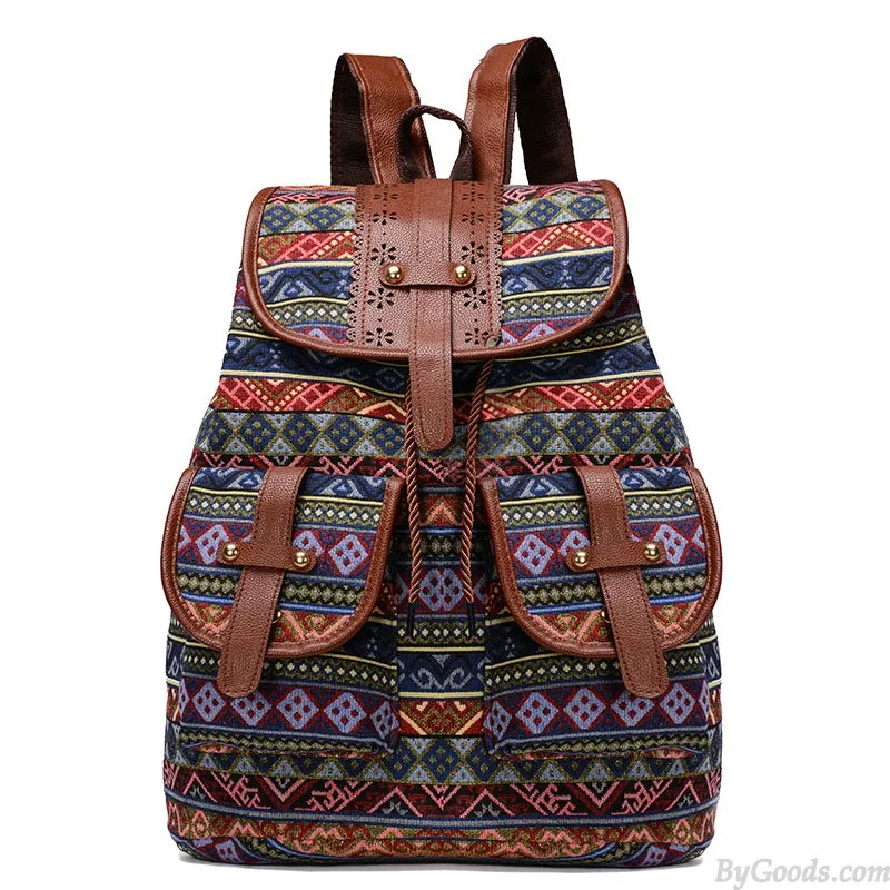 Folk Totem Irregular Pattern Two Pockets Leather Lace College Bag Purse For Women Cover School Canvas Backpack