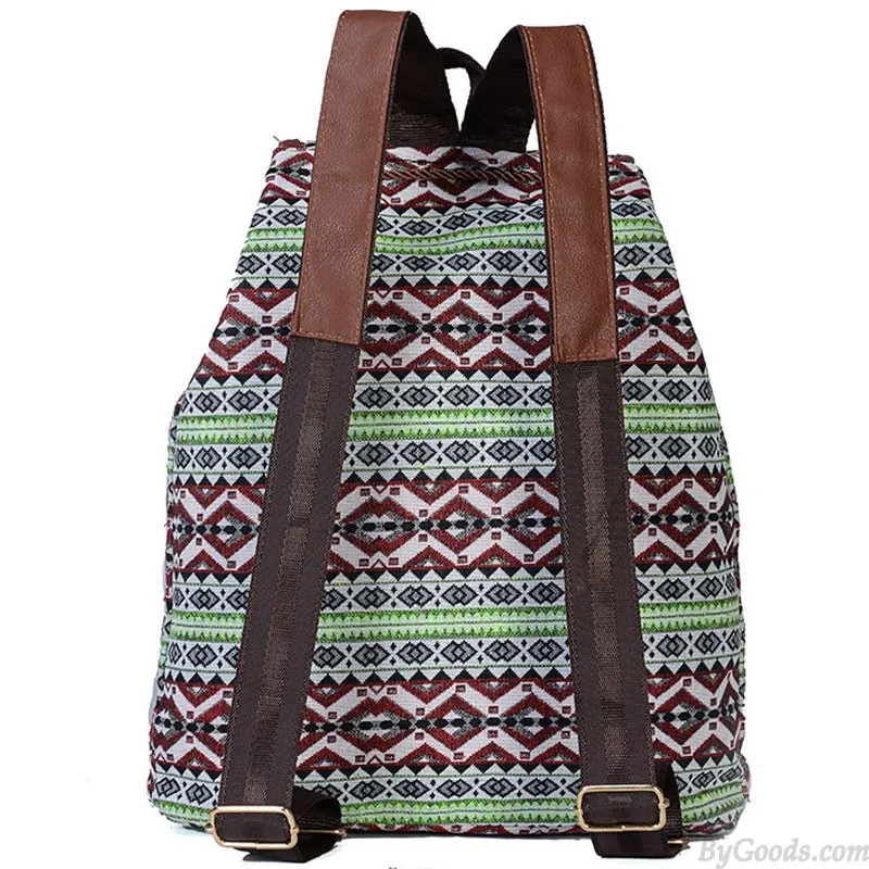 Folk Totem Irregular Pattern Two Pockets Leather Lace College Bag Purse For Women Cover School Canvas Backpack