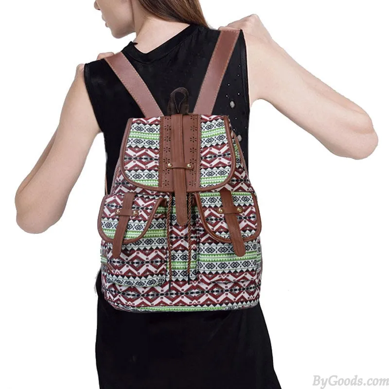 Folk Totem Irregular Pattern Two Pockets Leather Lace College Bag Purse For Women Cover School Canvas Backpack