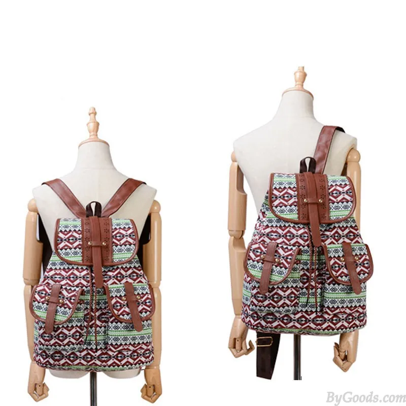 Folk Totem Irregular Pattern Two Pockets Leather Lace College Bag Purse For Women Cover School Canvas Backpack