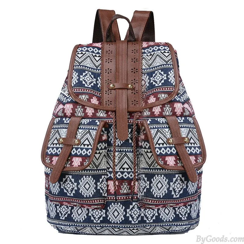 Folk Totem Irregular Pattern Two Pockets Leather Lace College Bag Purse For Women Cover School Canvas Backpack
