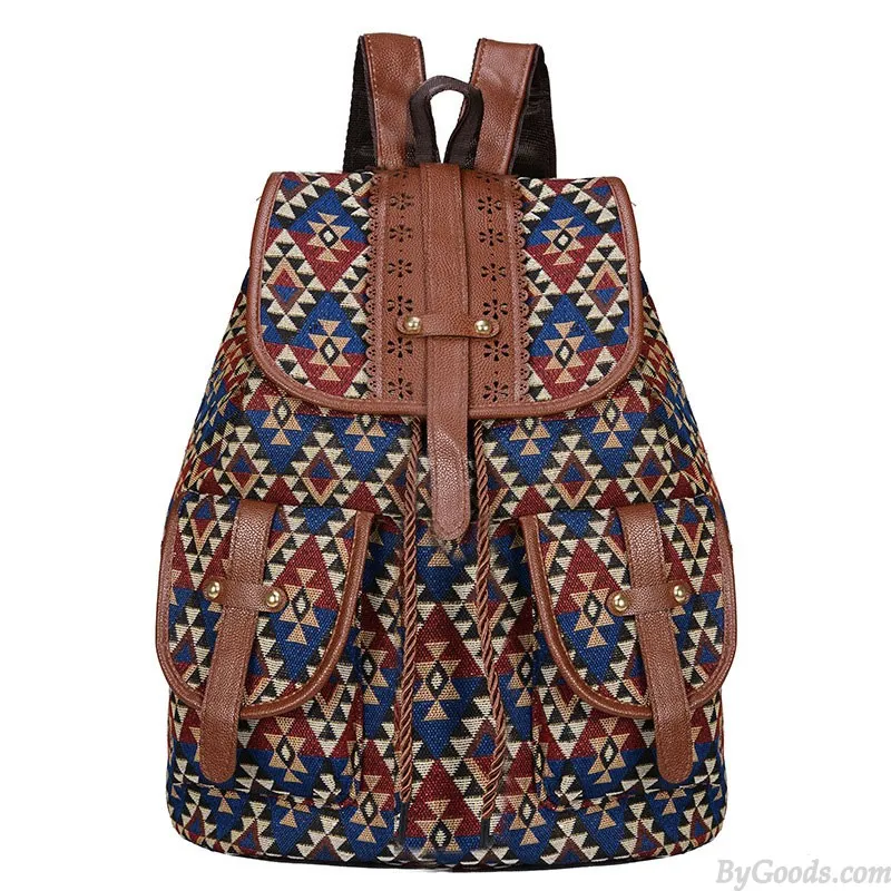 Folk Totem Irregular Pattern Two Pockets Leather Lace College Bag Purse For Women Cover School Canvas Backpack
