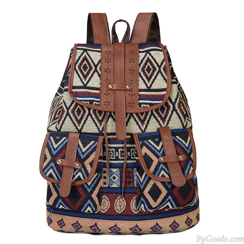 Folk Totem Irregular Pattern Two Pockets Leather Lace College Bag Purse For Women Cover School Canvas Backpack