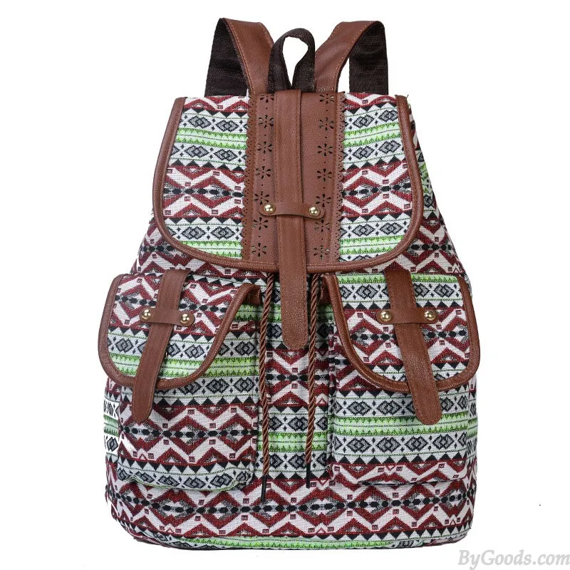 Folk Totem Irregular Pattern Two Pockets Leather Lace College Bag Purse For Women Cover School Canvas Backpack