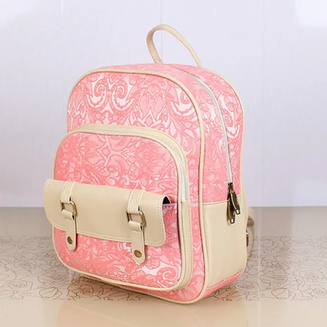 Fresh Pink Lace Floral Rucksack Double Hasp Bag Travel Backpack Schoolbag