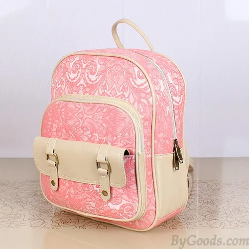 Fresh Pink Lace Floral Rucksack Double Hasp Bag Travel Backpack Schoolbag