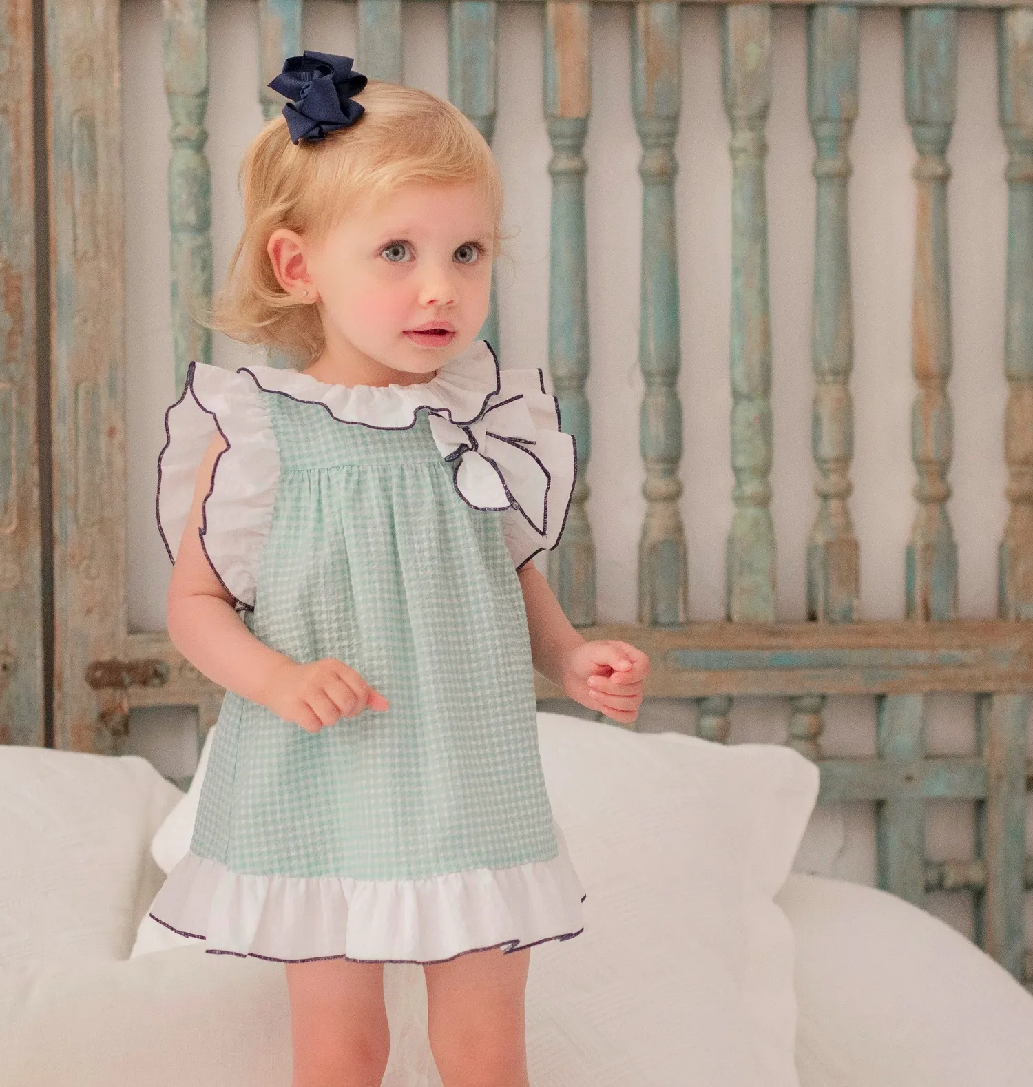 Green and navy gingham baby dress