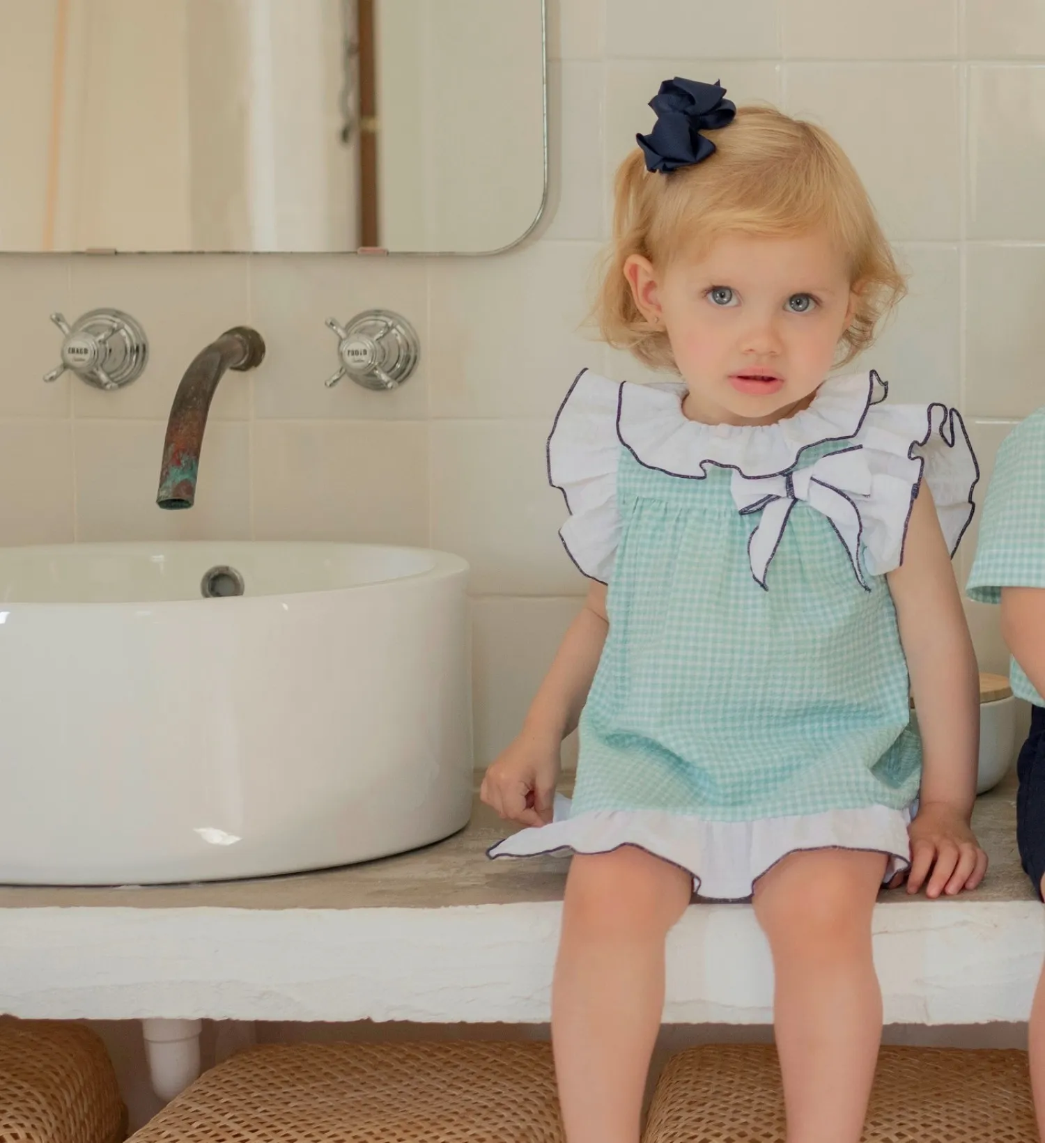 Green and navy gingham baby dress