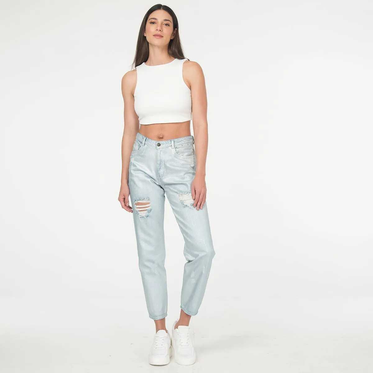 Jean Mom Fit Bow Metalizado